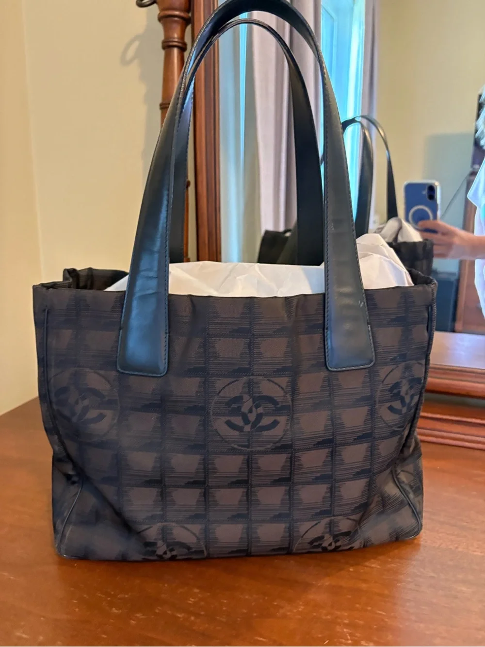 Chanel Travel Line Tote SM with Jacquard logo pattern In charcoalblack